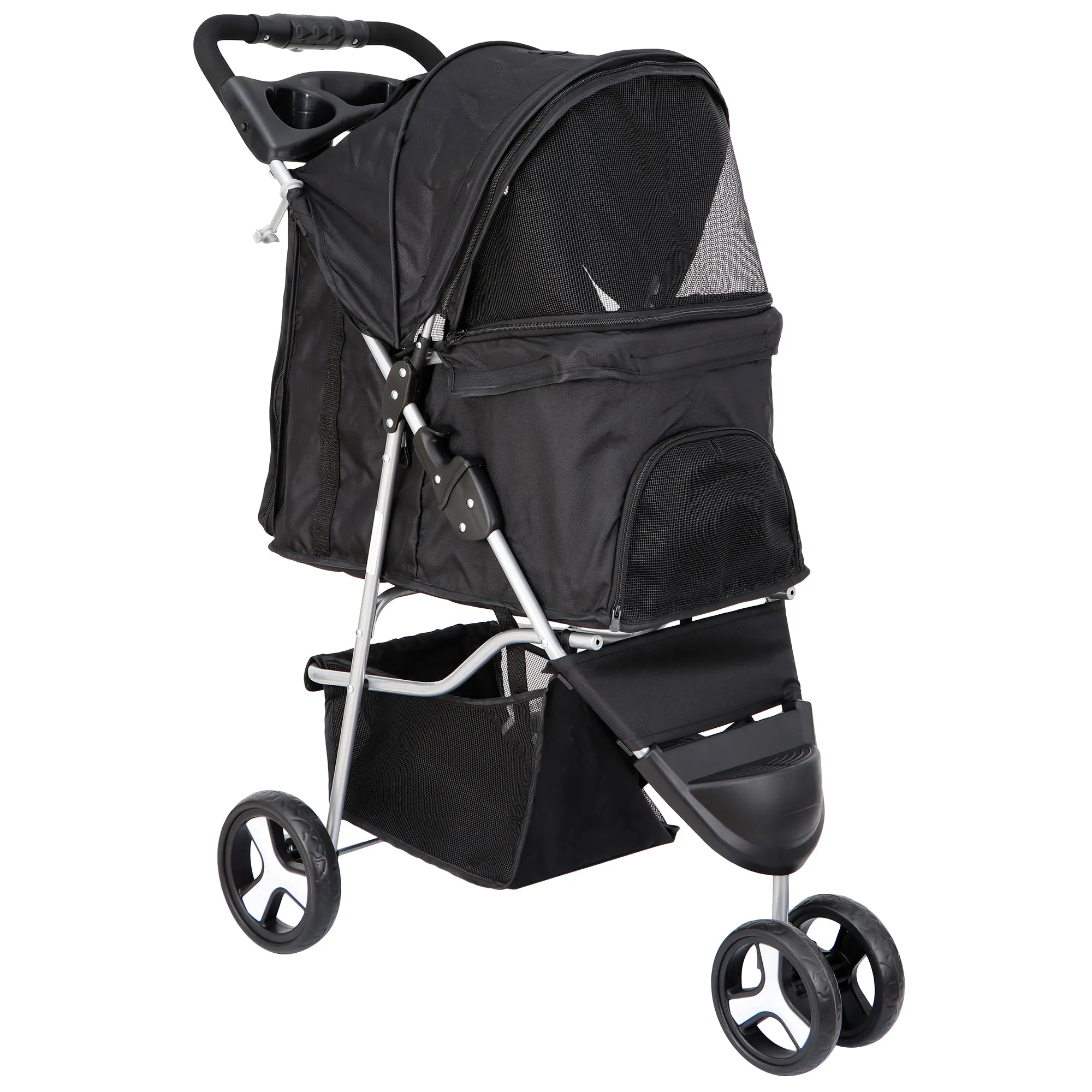 ZENY™ Foldable Pet Stroller for Cats and Dogs 3 Wheels Carrier Strolling Cart with Weather Cover, Storage Basket   Cup Holder