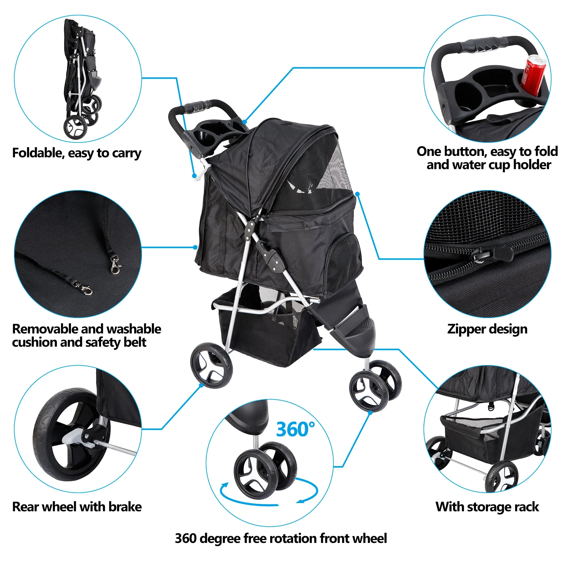 ZENY™ Foldable Pet Stroller for Cats and Dogs 3 Wheels Carrier Strolling Cart with Weather Cover, Storage Basket   Cup Holder