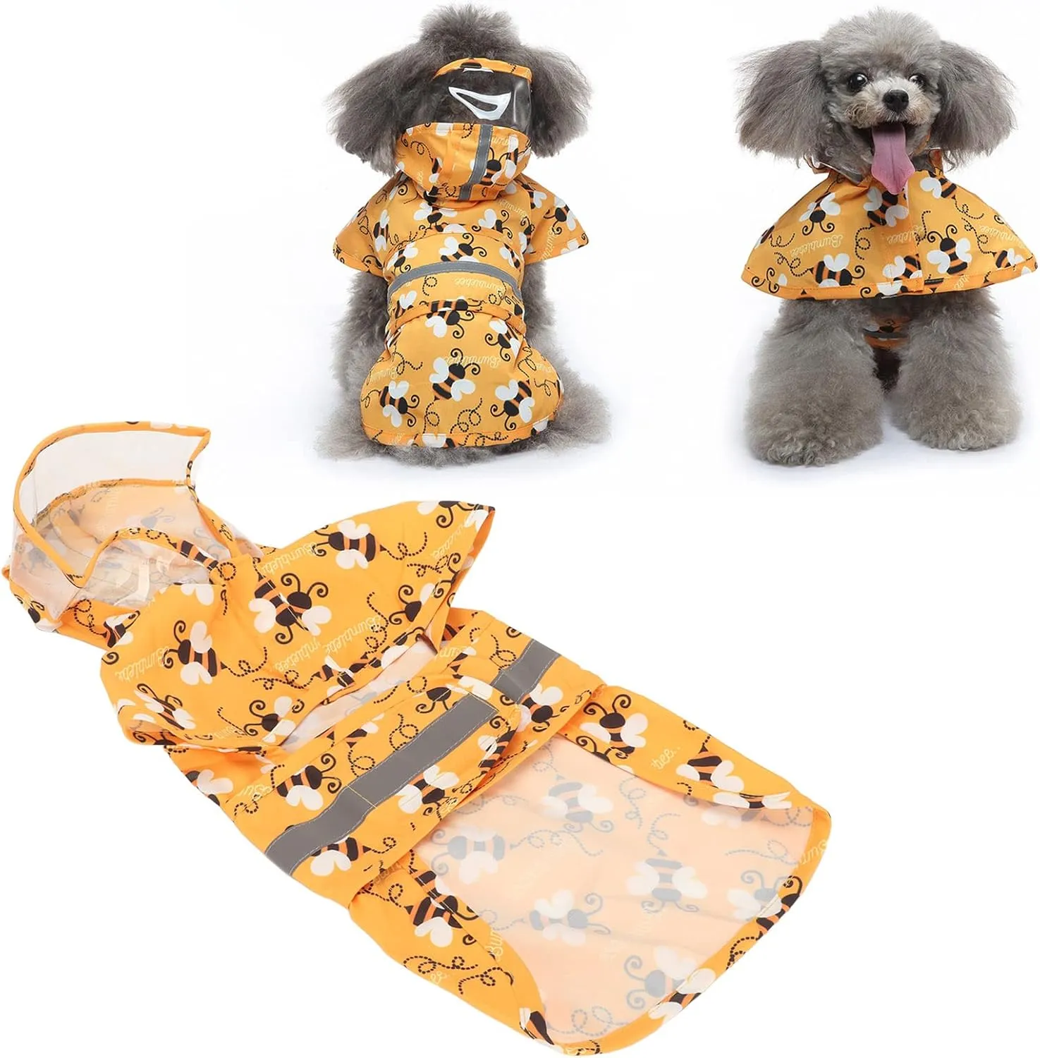Zerodis Pet Dog Hooded Rain Coat Bee Pattern Lightweight Reflective Puppy Raincoat Raincoat Adjustable Pet Water Proof Clothes Lightweight Rain Jacket Poncho Hoodies with Strip