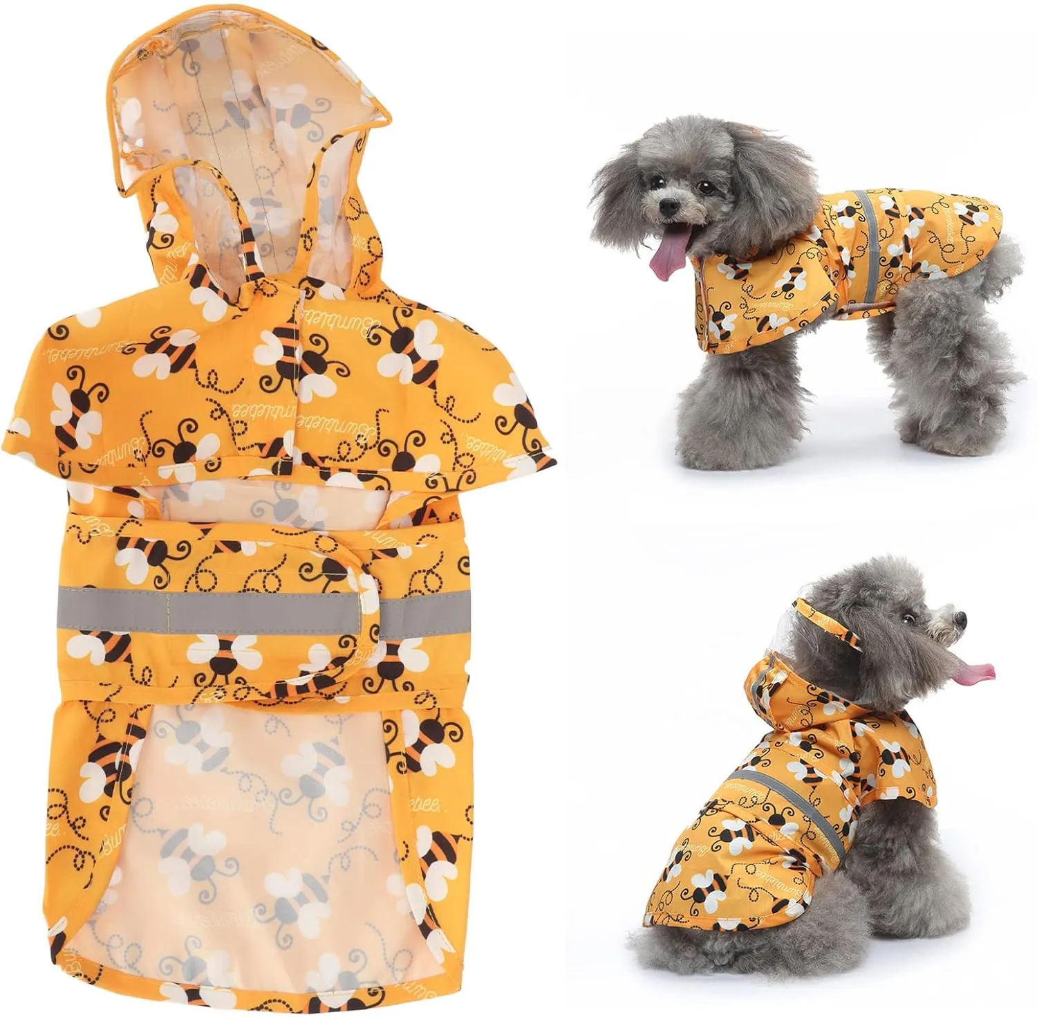 Zerodis Pet Dog Hooded Rain Coat Bee Pattern Lightweight Reflective Puppy Raincoat Raincoat Adjustable Pet Water Proof Clothes Lightweight Rain Jacket Poncho Hoodies with Strip